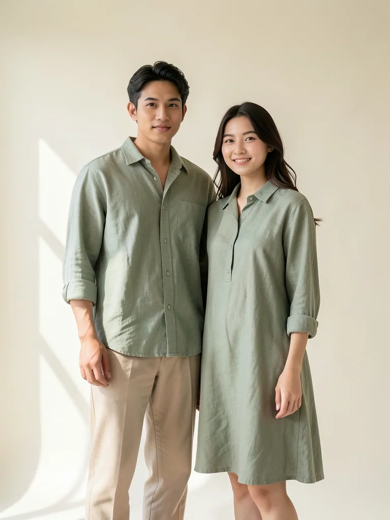 Linen ringan warna sage, potongan santai untuk pria dan wanita.